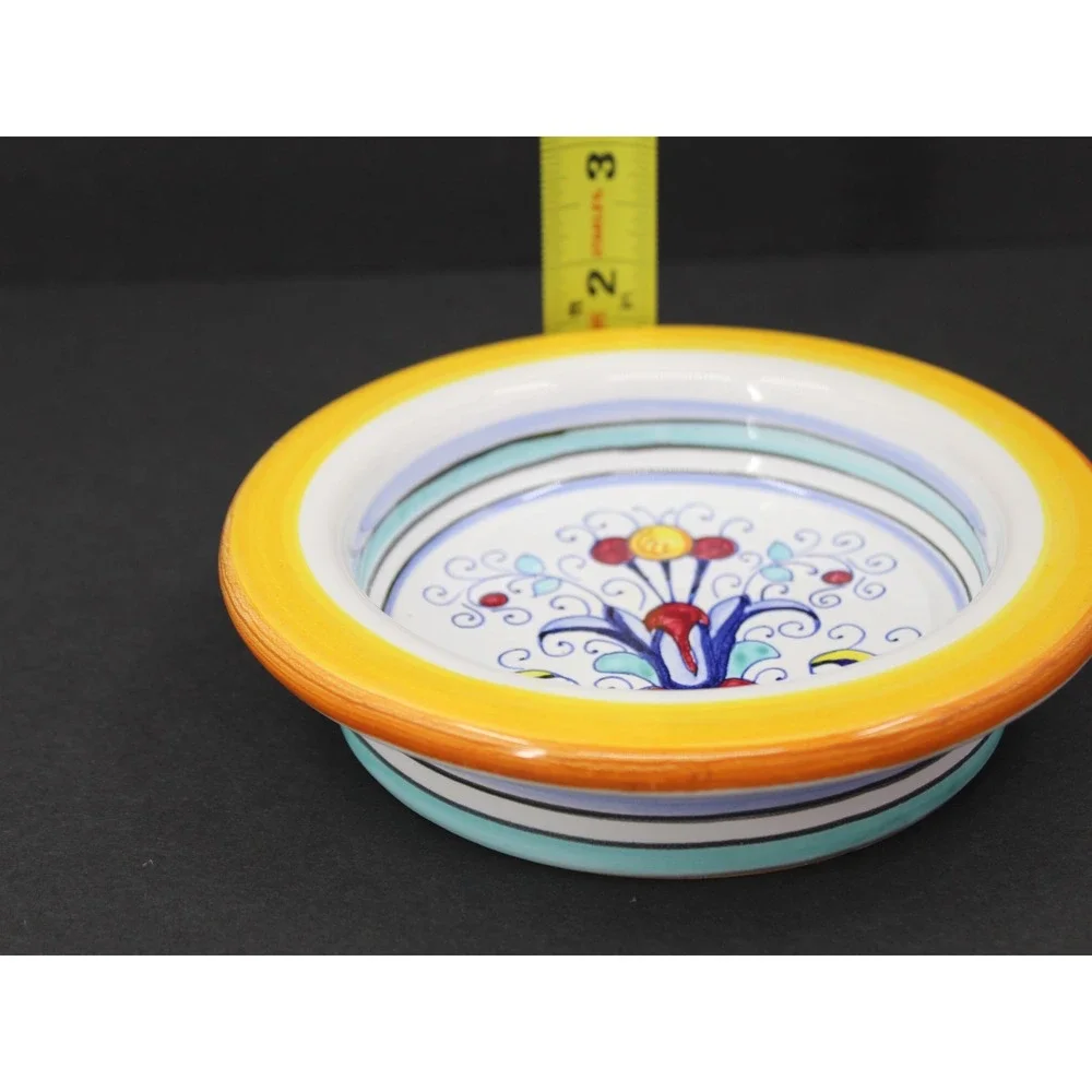 Deruta Italy Hand Painted Majolica Pottery Shallow Bowl Floral Yellow 6.5 Inch